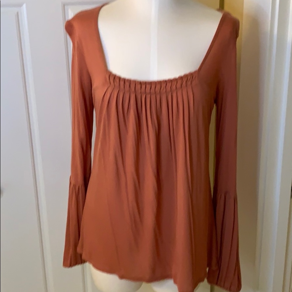 Rust colored blouse with pleat detail